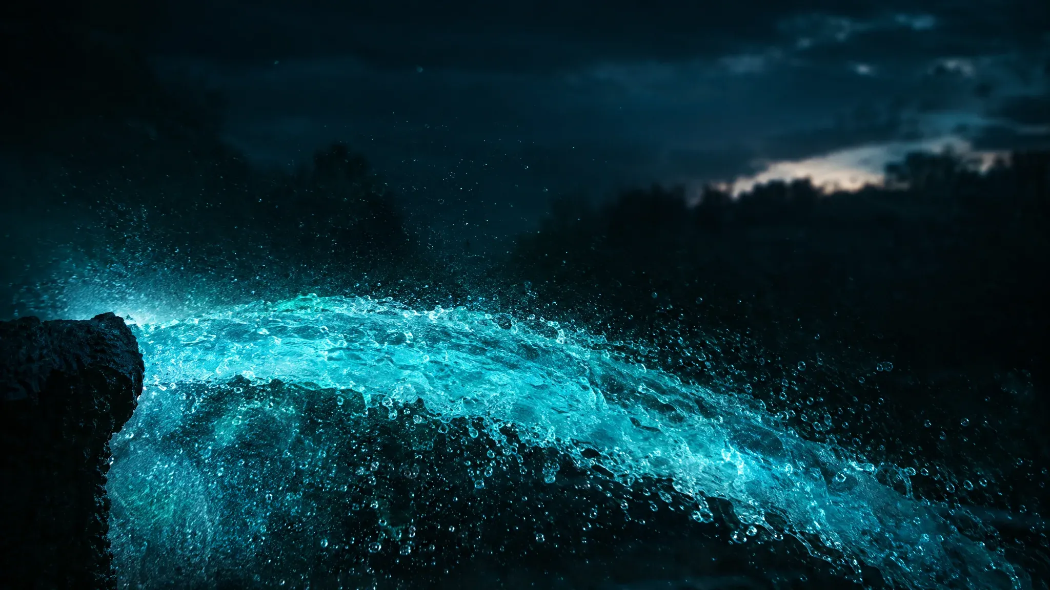 A luminous water jet arcing through a dark garden at dusk